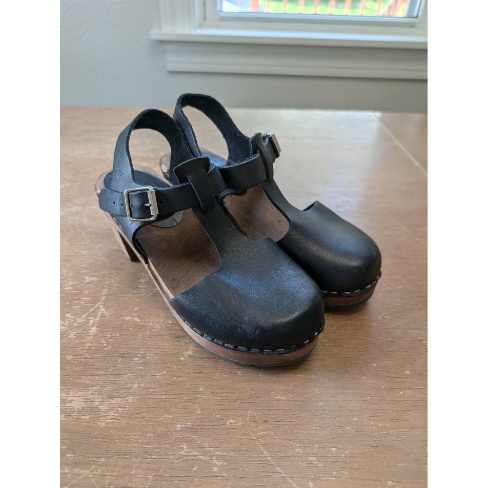 Lotta from Stockholm Black Leather T-Strap Swedish Wood Clogs 36 Women Shoes